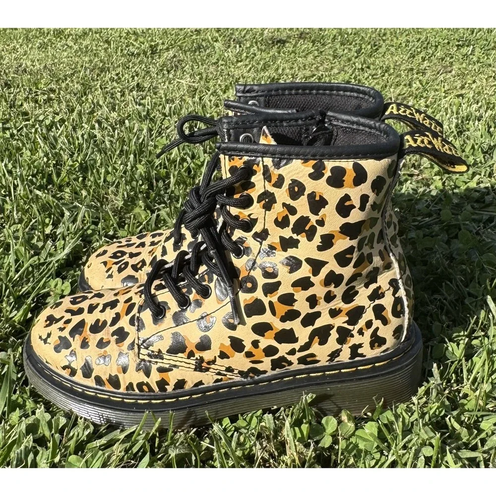 Dr. Martens 1460 J Boots Kids Size 2 Beige Leopard Combat Zip Leather Girls Boys